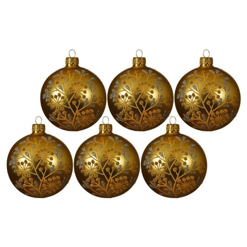 фото Набор стеклянных шаров цветочные веточки, золотой, 8 см, упаковка 6 шт, kaemingk 050349