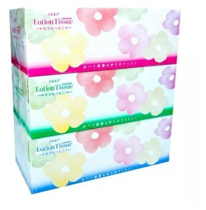 Салфетки бумажные для чувствительной кожи с экстрактом малины, двухслойные, Kami Shodji "LOTION TISSUE", 3 коробки по 200 шт., Япония - фотография № 1