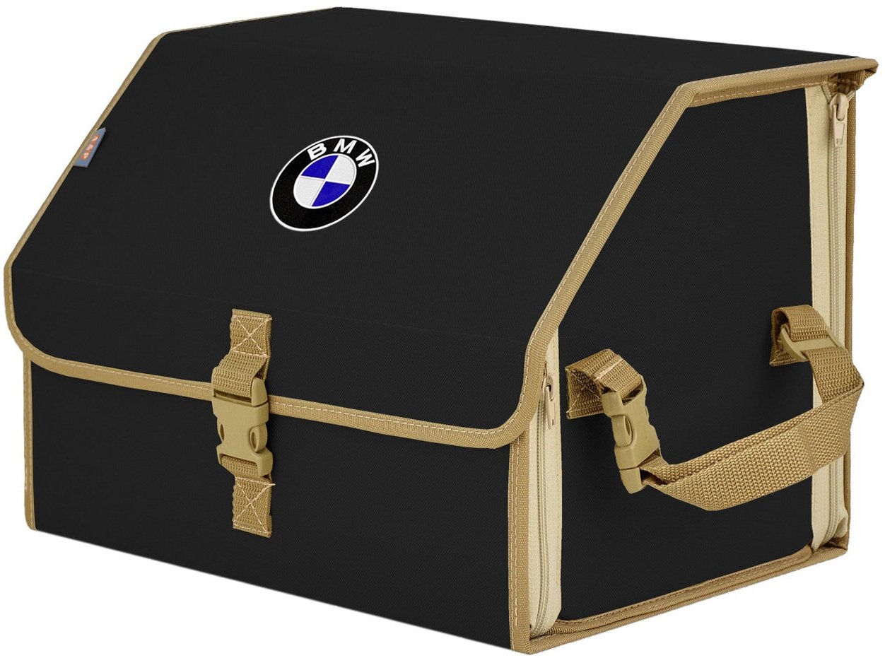 Органайзер-саквояж в багажник "Союз" (размер M). Цвет: черный с бежевой окантовкой и вышивкой BMW (БМВ).