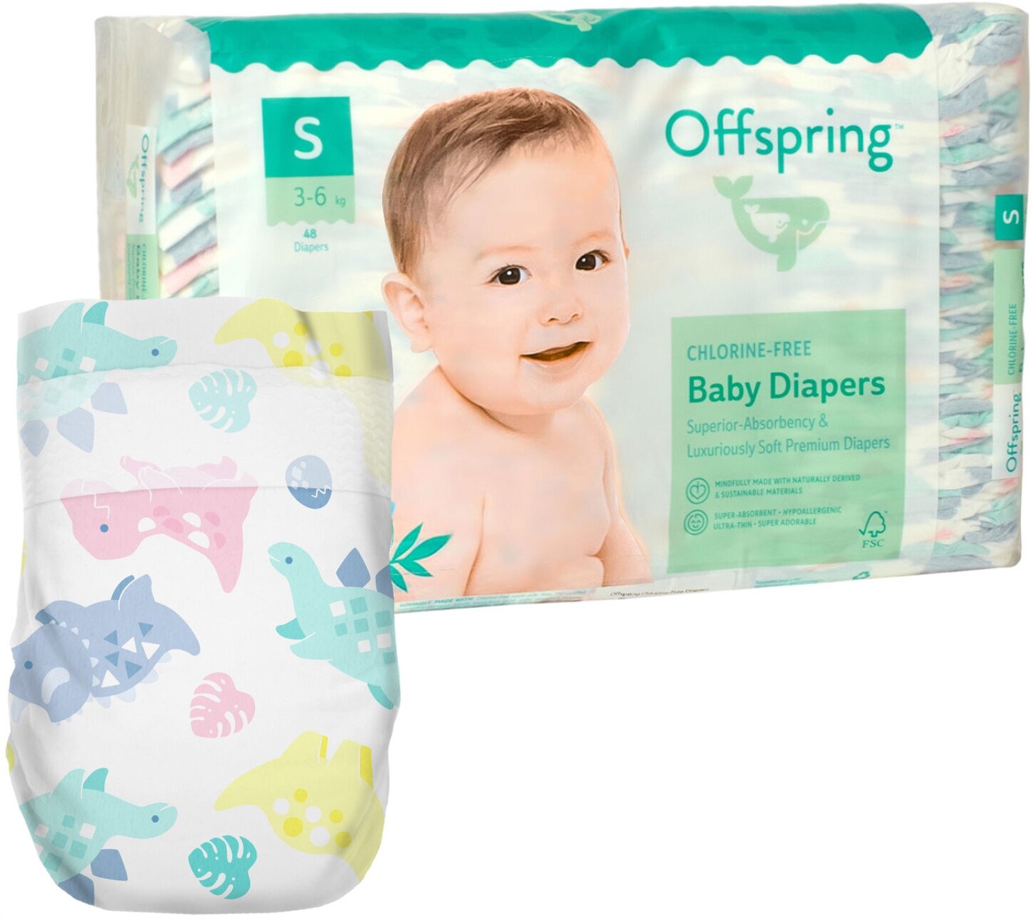 Offspring подгузники, S 3-6 кг. 48 шт. расцветка Динозавры