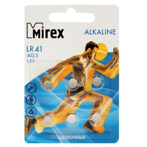 Батарейка алкалиновая Mirex, LR41, AG3, 1.5В, блистер, 6 шт батарейка kodak lr41 lr736 ag3 g3 10 шт