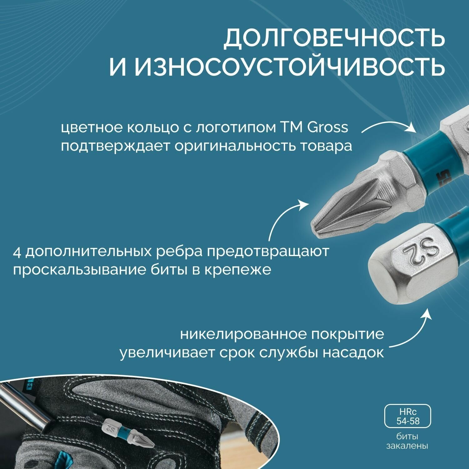 Набор намагниченных бит РZ2 х 25, сталь S2, 10 шт. Gross — фото 1