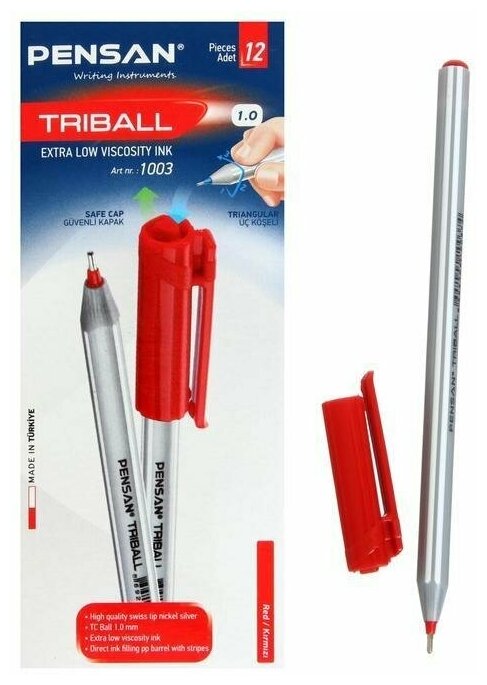 Ручка шариковая масляная Pensan Triball, чернила красные, узел 1 мм, линия письма 0,5 мм, трехгранная, 12 шт.