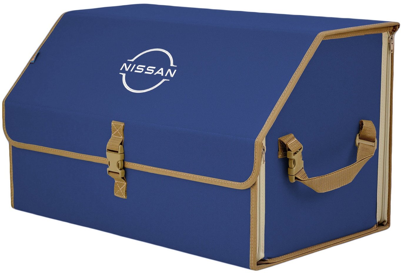 Органайзер-саквояж в багажник "Союз" (размер XL). Цвет: синий с бежевой окантовкой и вышивкой Nissan (Ниссан).