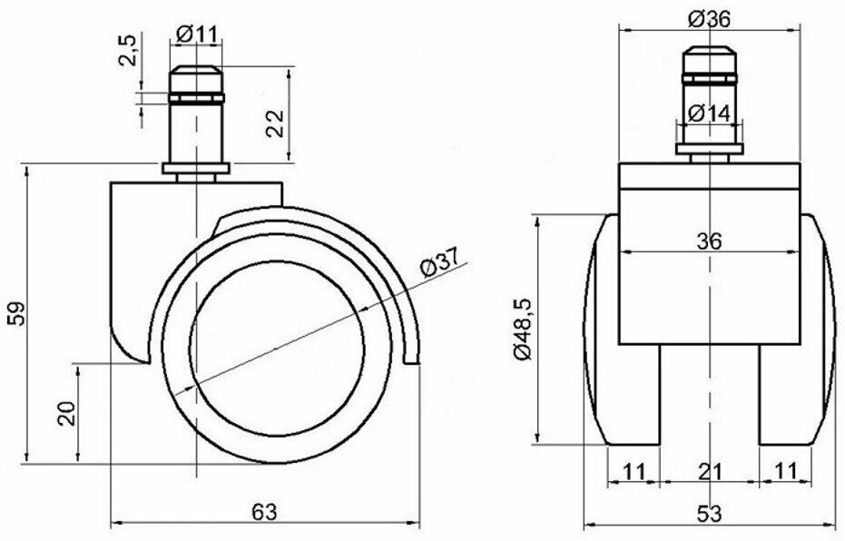 Колесо на штыре М 11 50мм - фотография № 1