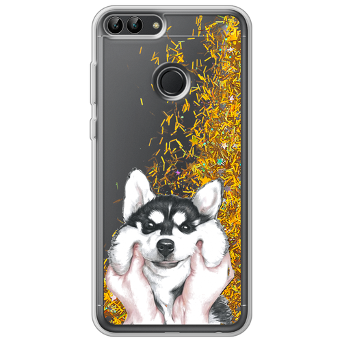 фото Жидкий чехол с блестками щечки хаски на huawei p smart золотой case place