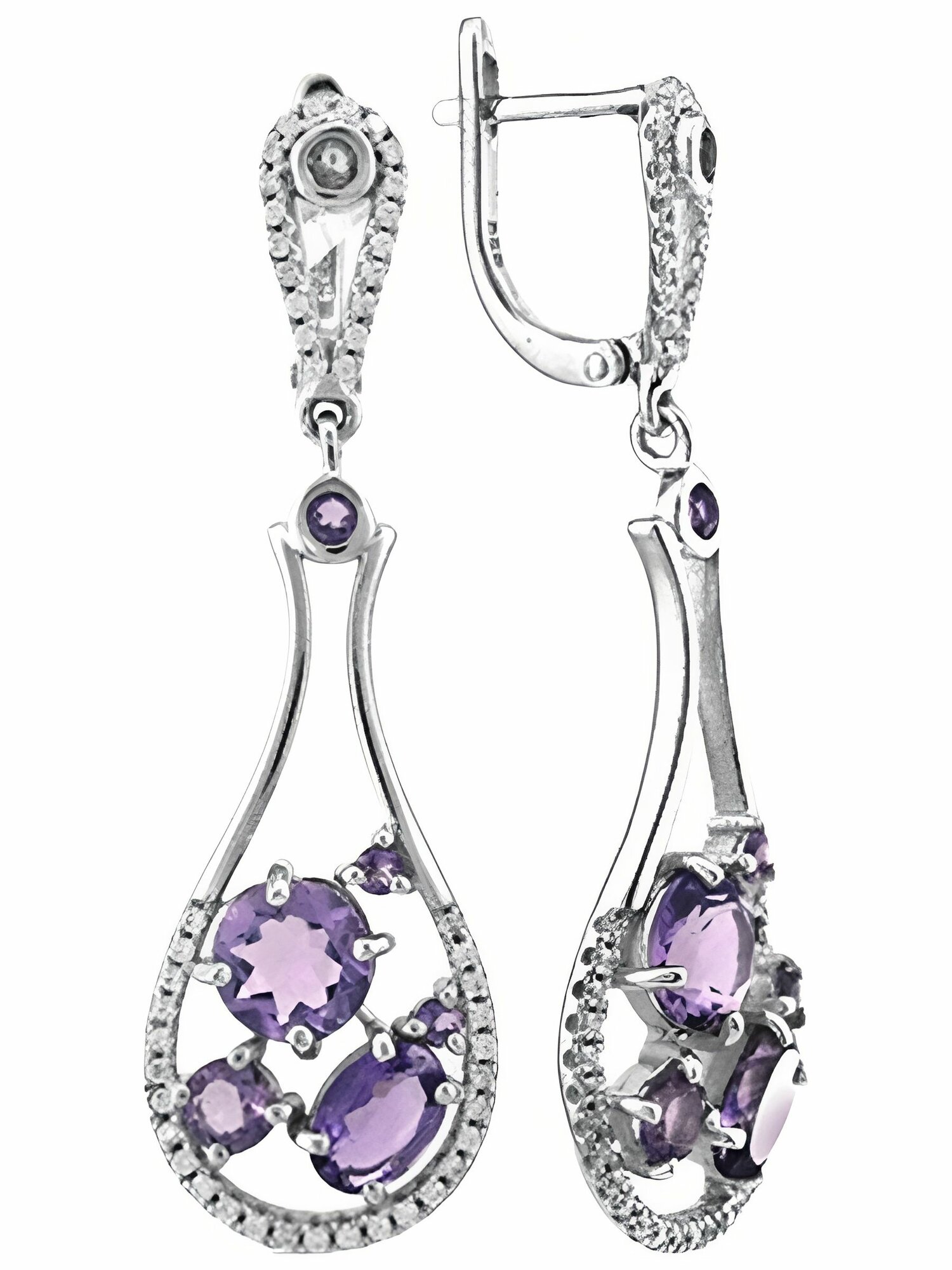 Серьги Balex, серебро, 925 проба, родирование, аметист, фианит