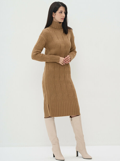 Платье-свитер BE YOU, повседневное, классическое, прилегающее, миди, вязаное, размер 50/52, коричневый