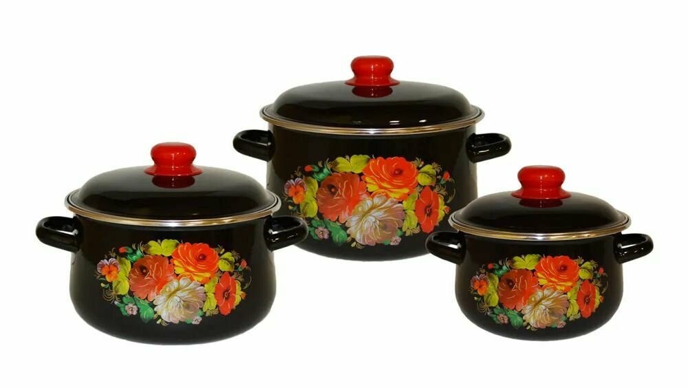 фото Набор эмалированных кастрюль 2л,4л,5,5л Букет тюльпанов СтальЭмаль