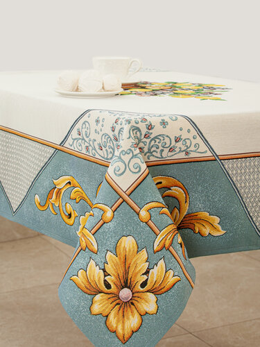 Изображение товара Скатерть Le Gobelin Фруктовое ассорти голубой бордюр 140х180 см
