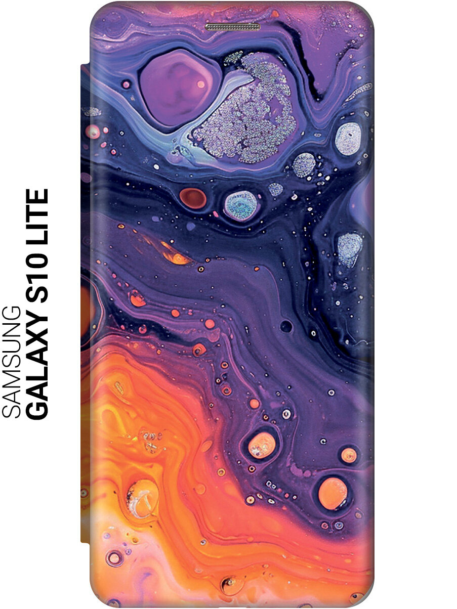 Чехол-книжка на Samsung Galaxy S10 Lite с принтом "Фиолетовые разводы" золотой
