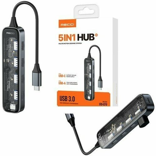 HUB адаптер Recci Transparent 5-in-1 Разветвитель Type-C to 4USB30 USB-C 5V2A Серый RH19 4280₽