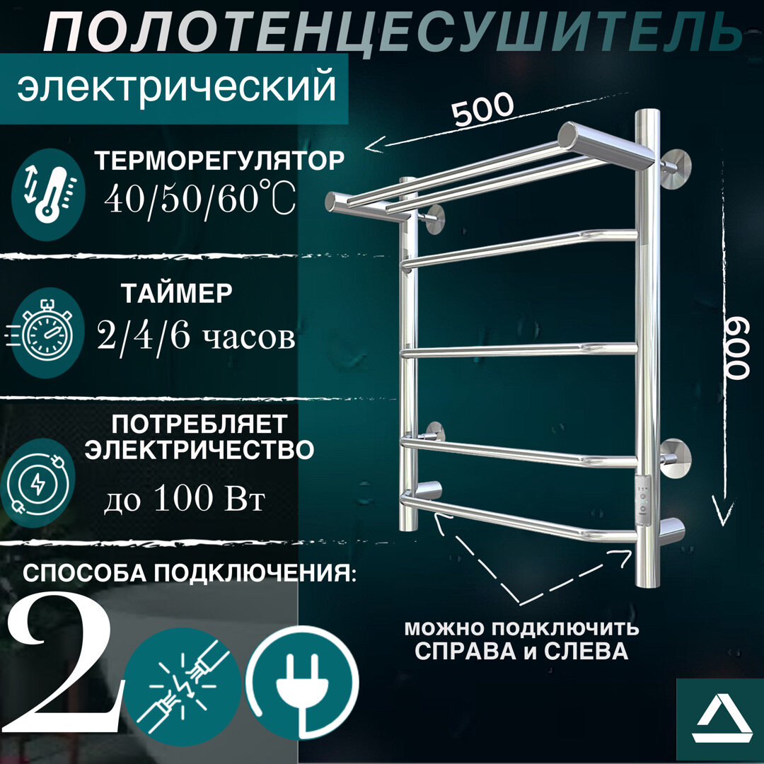 Полотенцесушитель электрический TermoPrime 500мм 600мм с терморегулятором форма лесенка подключение слева и справа