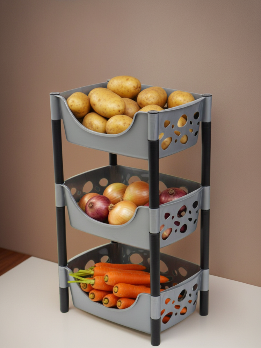 Подставка для овощей на 3 яруса. Серый. Корзина для овощей, полка для хранения овощей