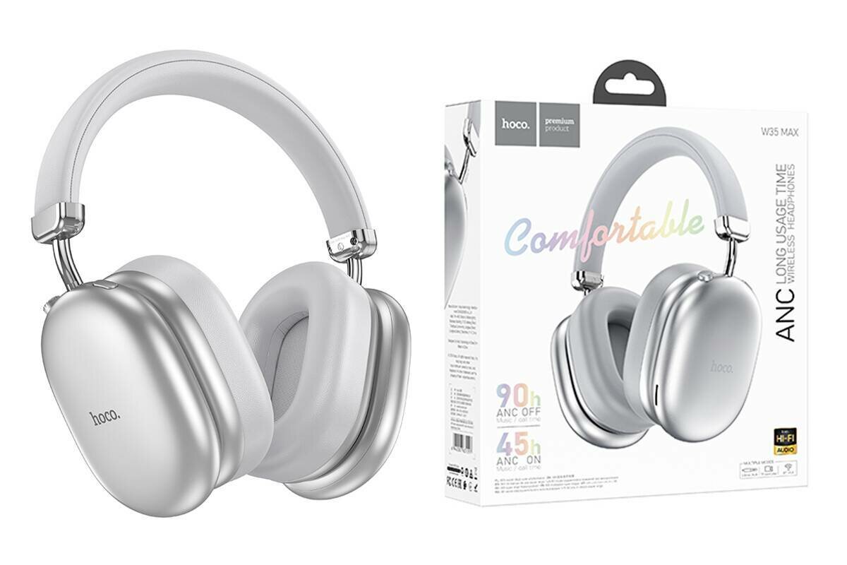 Наушники беспроводные Hoco W35MAX Silver 90h, накладные, беспроводные, Bluetooth