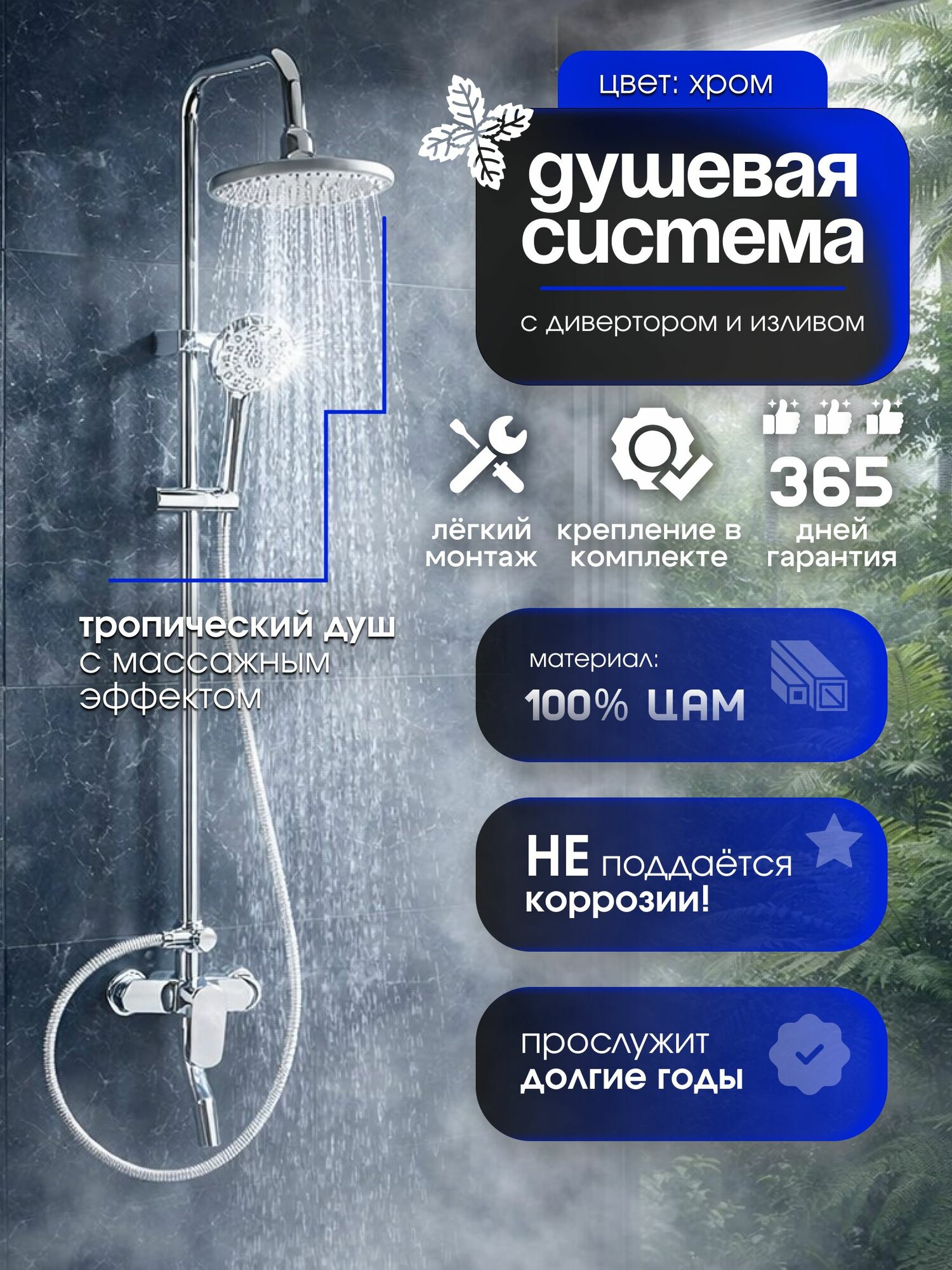 MAGNUS Душевой комплект: смеситель, душевая стойка и тропический душ, хром