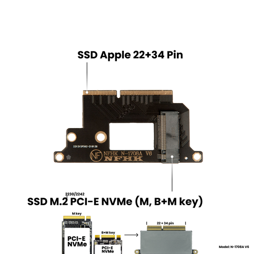 Адаптер-переходник для установки диска SSD M.2 NVMe (M key) в разъем SSD Apple (22+34 Pin) на MacBook Pro 13 Late 2016, Mid 2017 / NFHK N-1708A V6 переходник m 2 ssd apple macbook a1708 nfhk n 1708a