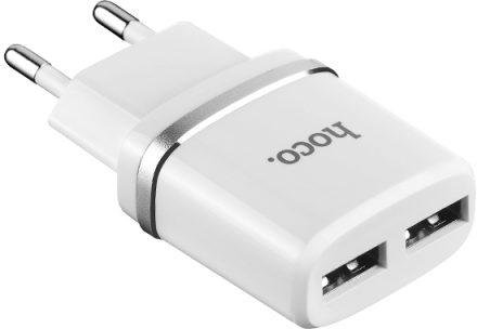 Блок питания сетевой 2 USB HOCO, C12, 2400mA, пластик, кабель микро USB, цвет: белый