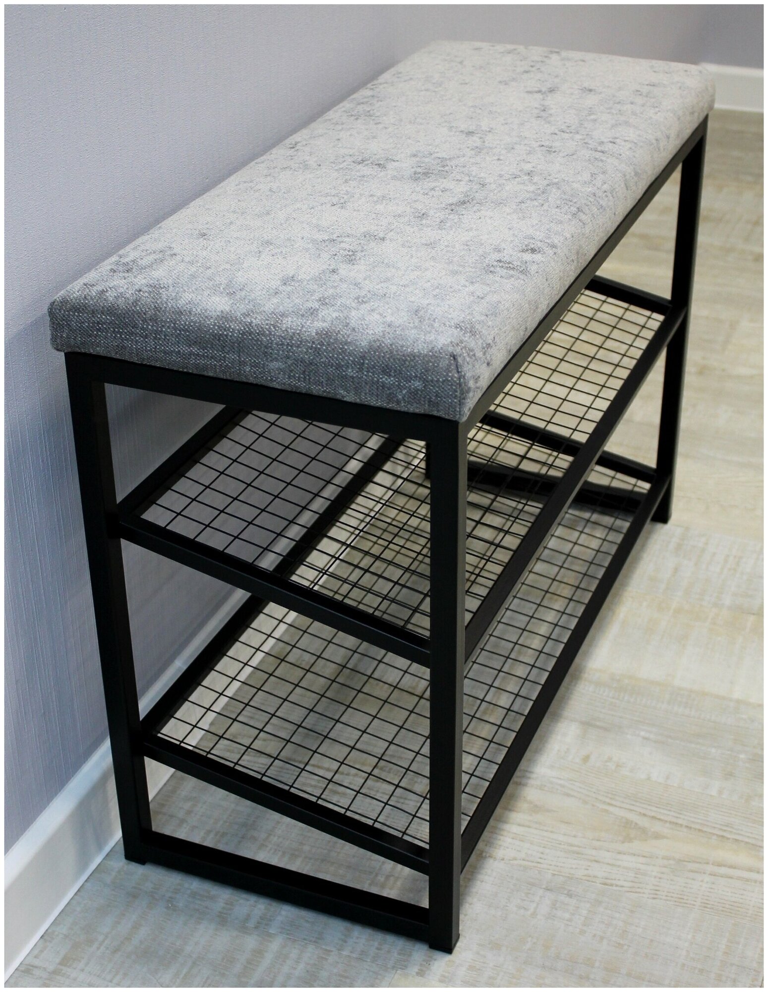 фото Обувница с мягким сиденьем "Энни" / 55х30х52см / черный - серый / металл-шенилл