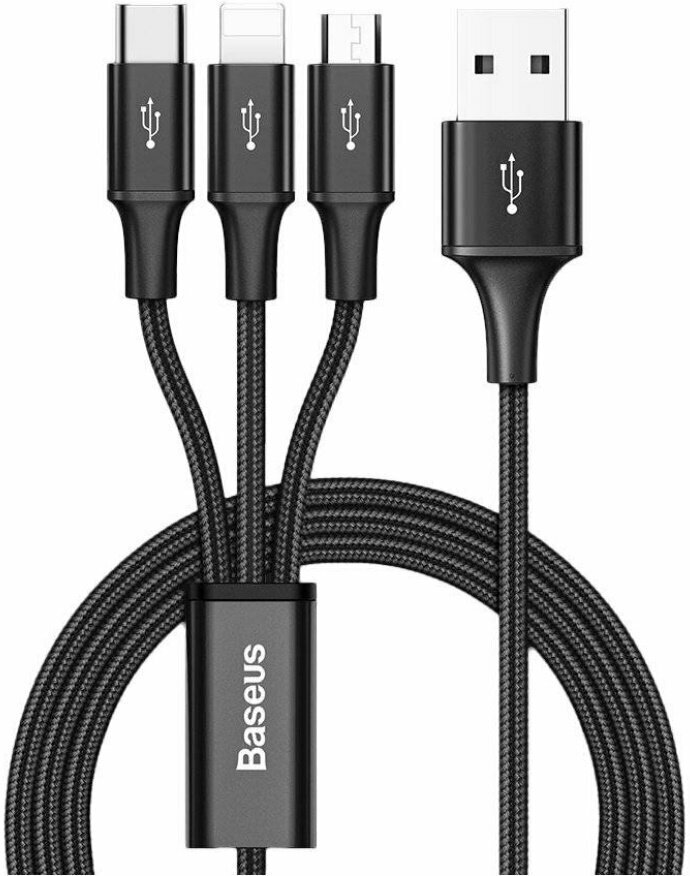 Кабель Baseus Rapid Series 3-in-1 Cable USB For Lightning+MicroUSB+Type-C 1.2m Black (CAJS000001)