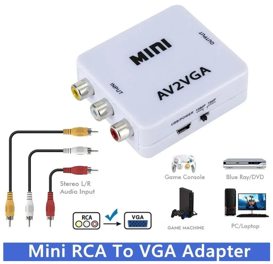 Переходник AV RCA на VGA адаптер конвертер AV RCA CVSB L/R на VGA, 1080P для монитора, телевизора, ноутбука, компьютера, PS3, Xbox, PC — фото 1
