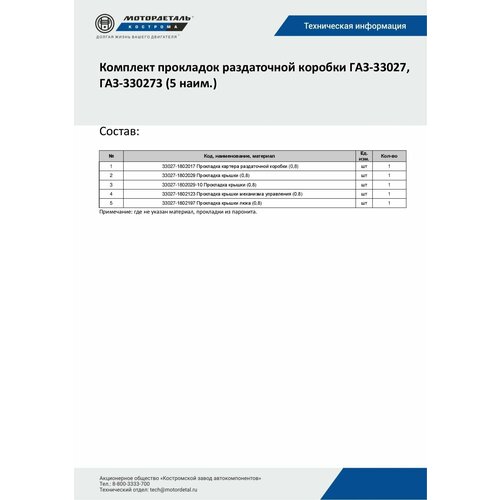К-кт прокладок раздаточной коробки ГАЗ-33027, ГАЗ-330273 (5 наим.) МД