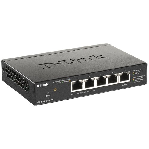D-Link DGS-1100-05PDV2A1A Настраиваемый L2 коммутатор с 5 портами 101001000Base-T 2 порта PoE 1 порт для питания коммутатора по PoE Питание осуществляется только по PoE 6700₽