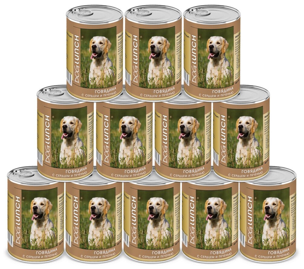 DOG LUNCH для взрослых собак с говядиной, сердцем и печенью в желе (410 гр х 12 шт)