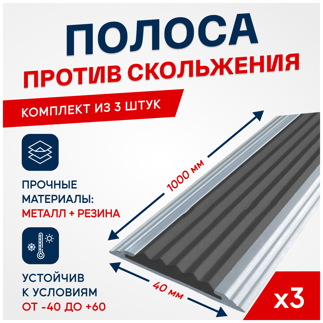 Противоскользящий алюминиевый профиль, полоса Стандарт 40мм, 1м, черный, упаковка 3шт.
