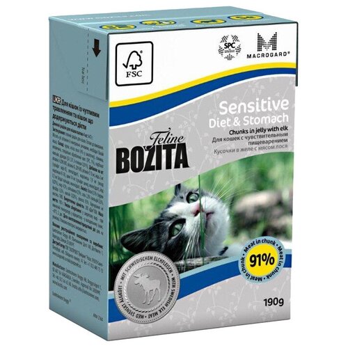 Корм влажный BOZITA Feline Funktion Diet & Stomach Tetra Pak 190 г с чувствительным пищеварением, пожилых кошек с избыточным весом кусочки в желе с лосем