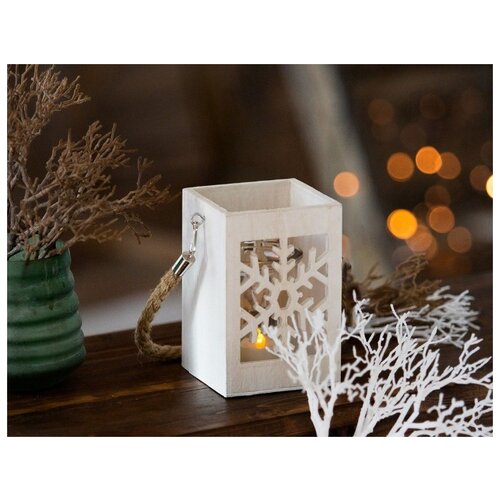 фото Подсвечник-фонарик огонёк в коробочке - снежинки, дерево, стекло, белый, 10x10x15 см, kaemingk 556330-снежинки