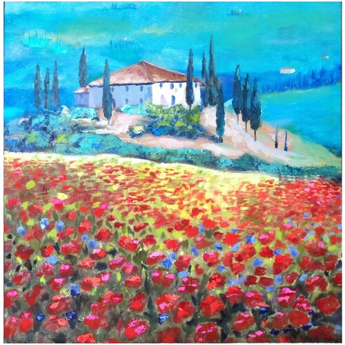 Авторская картина Маки на холмах Тосканы 40х40 см 6957₽