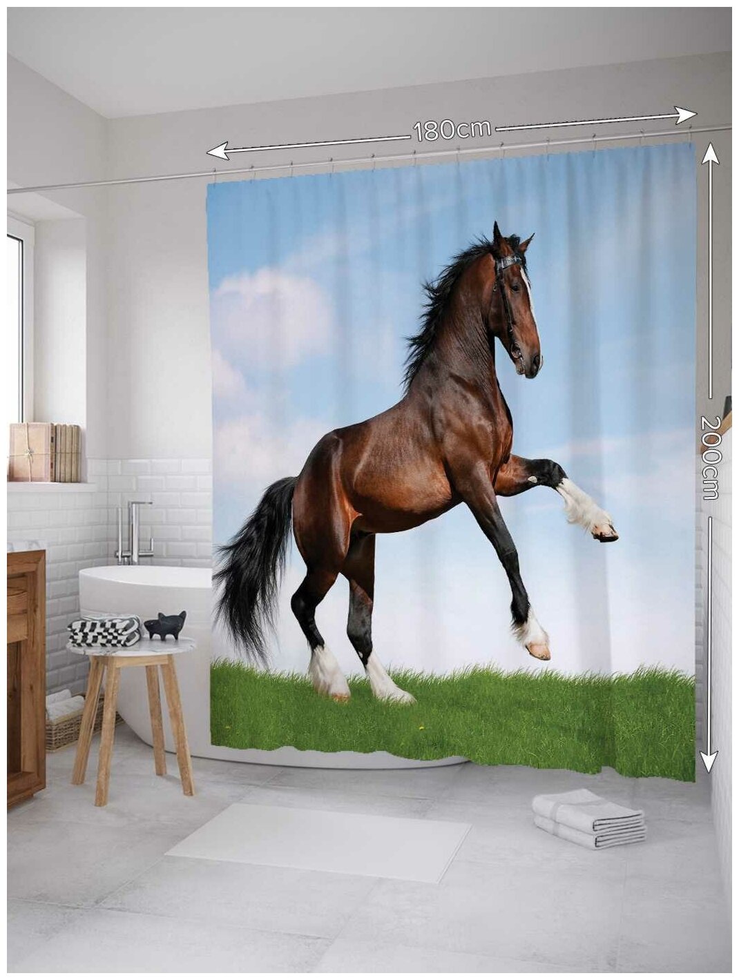 Штора водоотталкивающая для ванной, занавеска в ванную комнату тканевая JoyArty "Мощная лошадь", 180х200 см