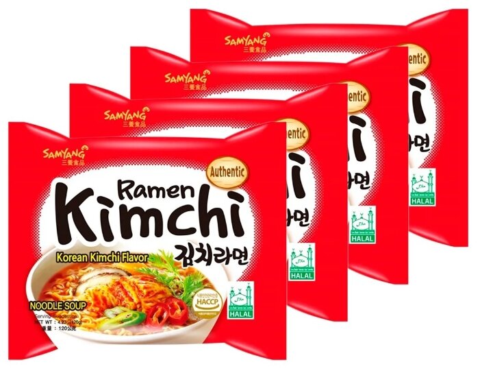 Лапша быстрого приготовления Kimchi Ramen со вкусом кимчи Samyang, пачка 120 г х 4 шт