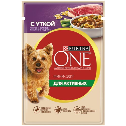 Влажный корм для собак Purina ONE Мини Активная, утка с пастой и зеленой фасолью в подливе 1 уп. х 2 шт. х 85 г purina one мини мультипак для собак мелких пород вкус в ассортименте в паучах 10 шт 85 г