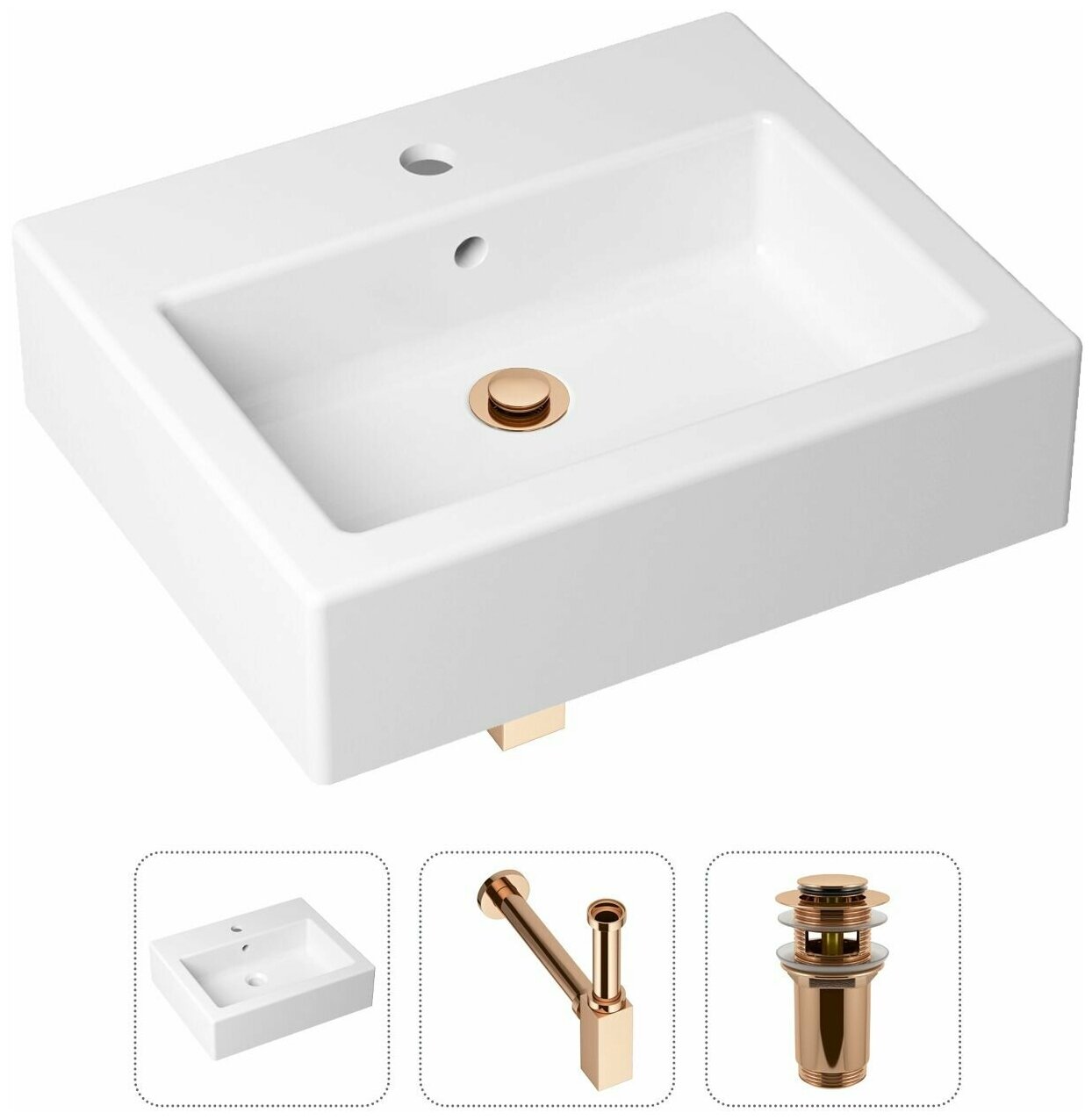 Накладная раковина в ванную Lavinia Boho Bathroom Sink 21520670 в комплекте 3 в 1: умывальник белый, донный клапан и сифон в цвете розовое золото