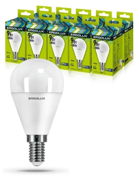 Набор из 10 светодиодных лампочек Ergolux LED-G45-9W-E14-6K