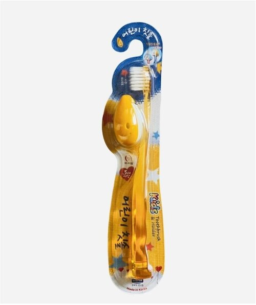 Misorang toothbrush детская зубная щетка с колпачком и держателем-присоской, средняя жесткость желтая