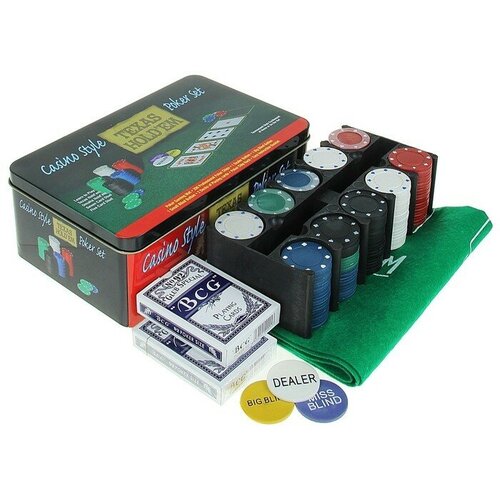 Покер, набор для игры (карты 2 колоды, фишки 200 шт.), без номинала, 60 х 90 см набор глиняных плаков для игры в покер 7шт разного цвета и номинала