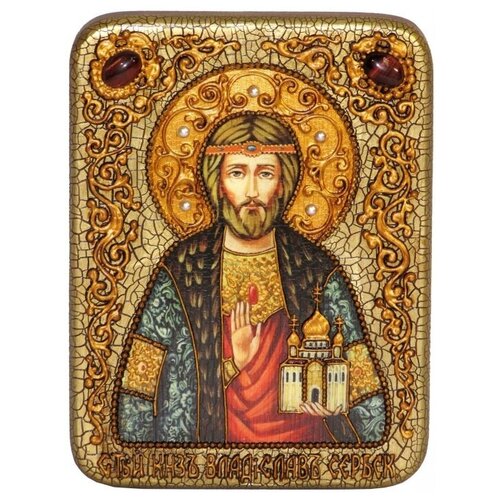 Подарочная икона Святой князь Владислав Сербский на мореном дубе 15*20см 999-RTI-371m
