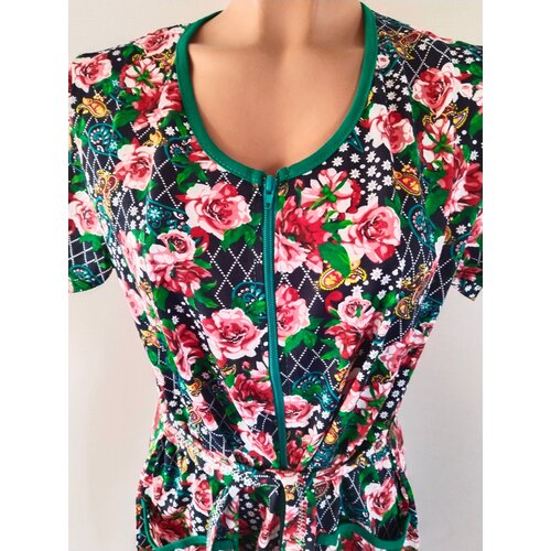 Халат 48-50 размер/Халат на молнии красные розы/Халат на молнии с поясом и карманами