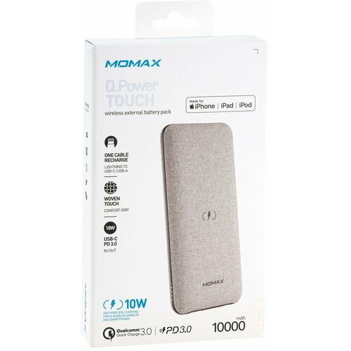 Дополнительный аккумулятор Momax Q.Power MFI Touch Wireless Charging Power Bank светло-серый (10000mAh)