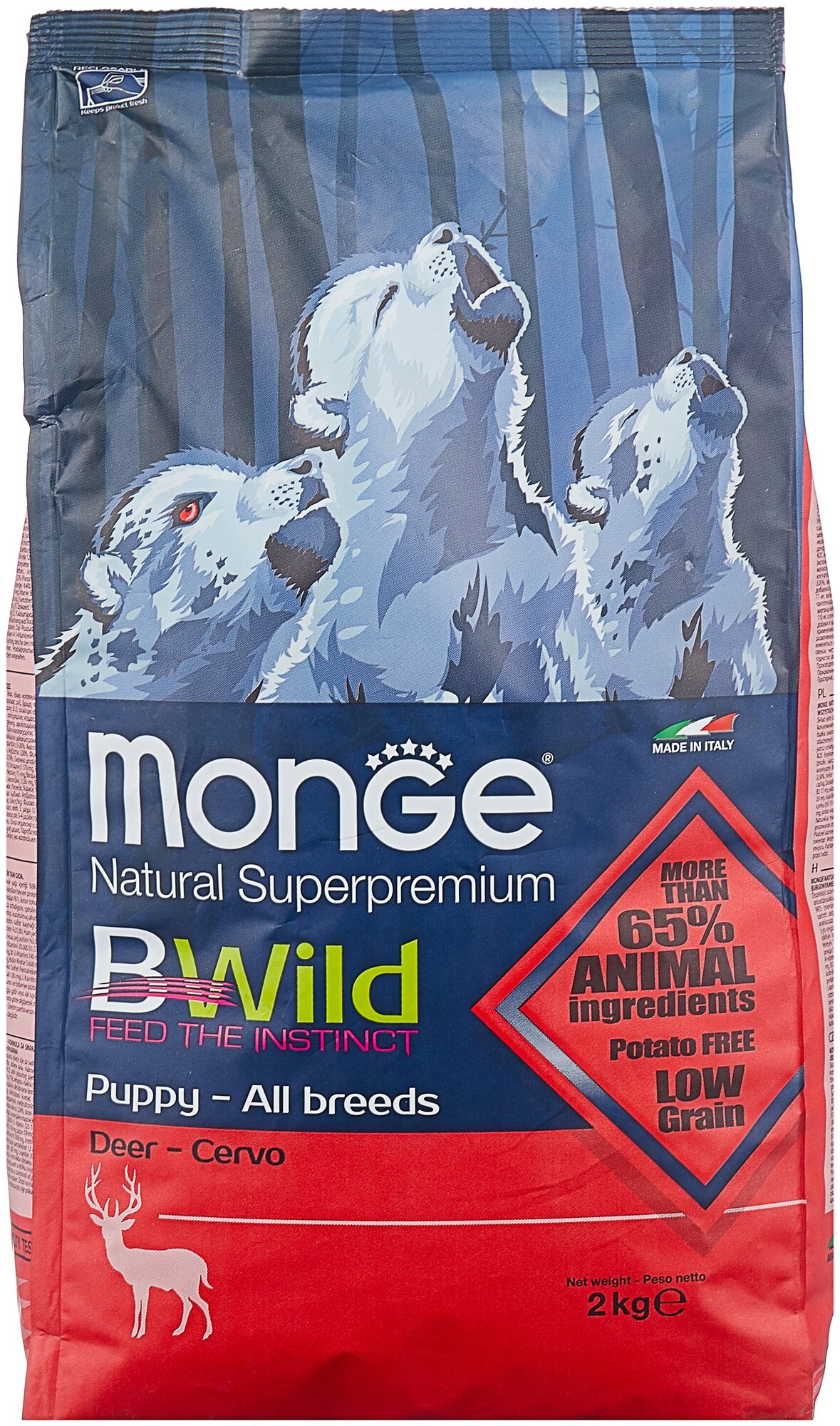 Monge Bwild Dog Low Grain низкозерновой корм из мяса оленя для взрослых собак всех пород Оленина, 2,5 кг.