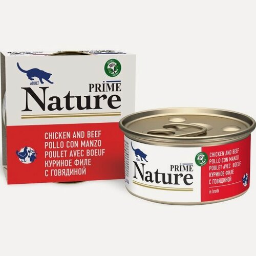 Изображение товара Влажный корм для кошек Prime Nature Куриное филе с говядиной в бульоне 85г*12 шт