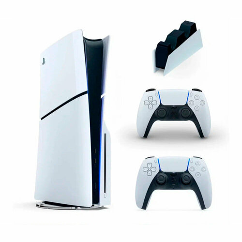 Игровая приставка Sony PlayStation 5 Slim, с дисководом, 1 ТБ, два геймпада + зарядная станция игровая приставка sony playstation 5 slim с дисководом 1 тб два геймпада зарядная станция