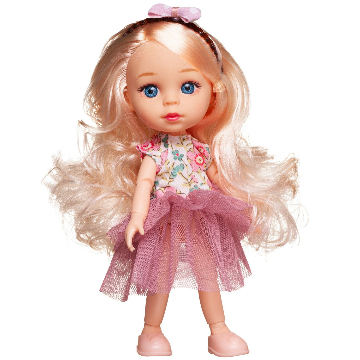 Кукла Junfa 16см Малышка-милашка в платье с верхом с цветочном принтом и ярко-розовым низом WJ-30338