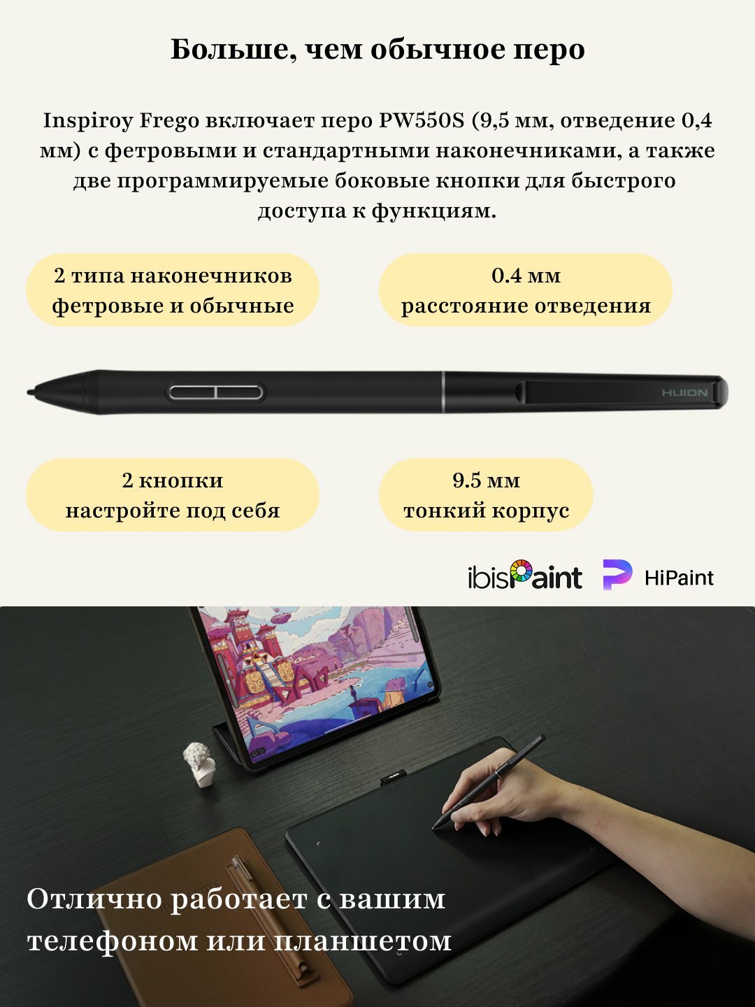Графический планшет Huion 6.3"x3,9" Inspiroy Frego S, Bluetooth, USB-C, черный L-310 — фото 1