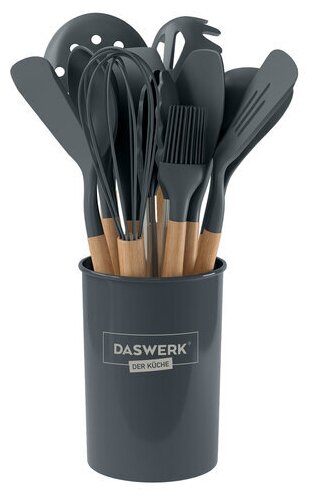 Набор кухонных принадлежностей Daswerk с деревянными ручками 12 в 1, серый, , 608194