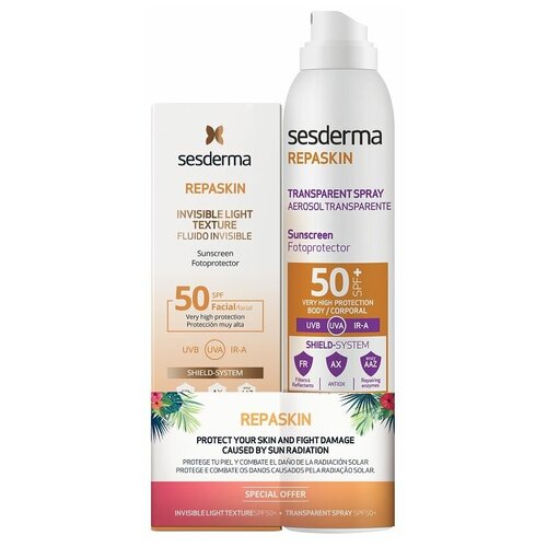 Купить Sesderma набор солнцезащитных средств REPASKIN SPF 50: Солнцезащитное средство для лица, 50мл+ Спрей для тела солнцезащитный для тела, 200мл