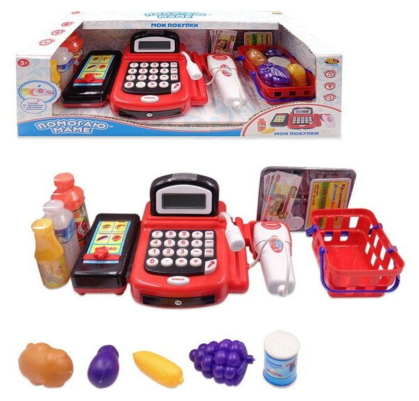 Касса "Помогаю Маме", в наборе с продуктами и аксессуарами (3 предмет), с эффектами, на батарейках